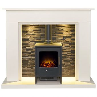 Acantha Miramar White Marble Stove Fireplace with Downlights & Bergen Electric Stove in Charcoal Grey, 54 Inch