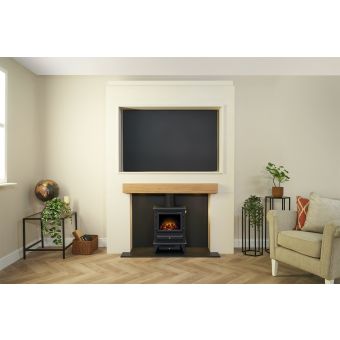 Acantha Pre-Built Stove Media Wall 2 with TV Recess & Hudson Electric Stove in Black