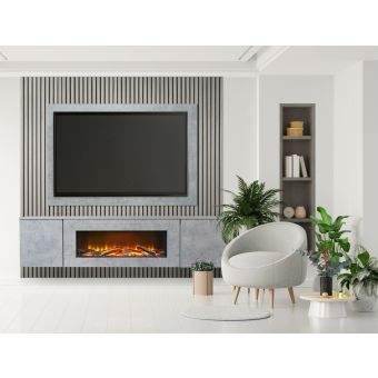 Acantha Orion XO Electric Floating Media Wall Suite in Concrete Effect with TV Board & Grey Oak Wall Panels