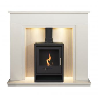 Acantha Larissa White & Grey Marble Stove Fireplace with Downlights & OKO S1 Bio Ethanol Stove in Charcoal Grey, 48 Inch