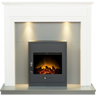 Adam Honley Fireplace in Pure White & Grey with Oslo Electric Inset Stove in Black, 48 Inch