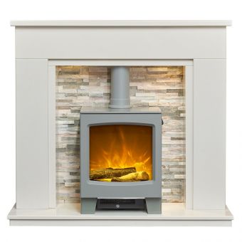 Acantha Amalfi White Marble Fireplace with Downlights & Lunar Electric Stove in Grey, 48 Inch