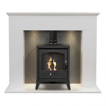 Adam Corinth Stove Fireplace in Pure White & Grey with Downlights & OKO S2 Bio Ethanol Stove in Charcoal Grey, 48 Inch