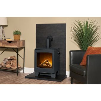 Acantha Tile & Hearth Set in Bronze Venetian Plaster Effect with Lunar Stove & Angled Pipe