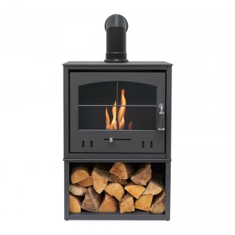 OKO S4 Bio Ethanol Stove with Log Storage in Charcoal Grey with Angled Stove Pipe