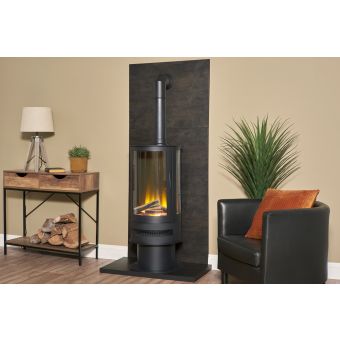 Acantha Tile & Hearth Set in Bronze Venetian Plaster Effect with Orbit Cylinder Stove & Tall Angled Pipe