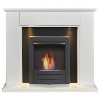 Adam Eltham Fireplace in Pure White & Black with Downlights & Colorado Bio Ethanol in Black, 45 Inch