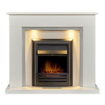Acantha Maine White & Grey Marble Fireplace with Downlights & Carolina Electric Fire in Black, 48 Inch