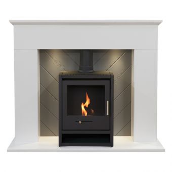 Adam Corinth Stove Fireplace in Pure White & Grey with Downlights & OKO S1 Bio Ethanol Stove in Charcoal Grey, 48 Inch