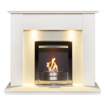 Adam Avila White Marble Fireplace with Downlights & Colorado Bio Ethanol Fire in Black Nickel, 48 Inch