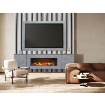 Acantha Orion XO Electric Floating Media Wall Suite in Concrete Effect with TV Board & White Oak Wall Panels