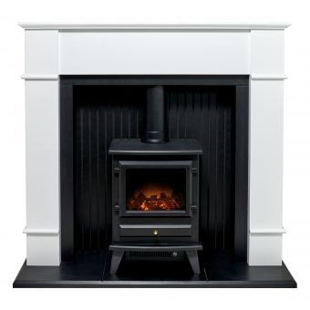 Adam Oxford Stove Fireplace in Pure White with Hudson Electric Stove in Black, 48 Inch