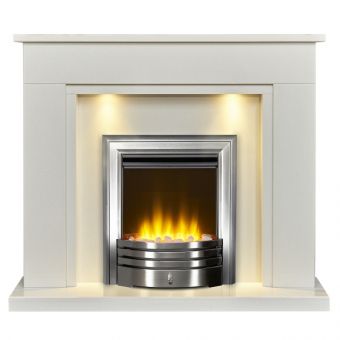 Acantha Maine White Marble Fireplace with Downlights & Amara Electric Fire in Brushed Steel, 48 Inch