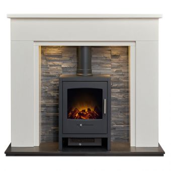 Acantha Rimini White Marble Fireplace with Downlights & Bergen Electric Stove in Charcoal Grey, 48 Inch