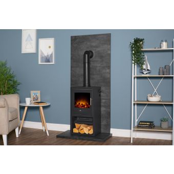 Acantha Tile & Hearth Set in Slate Venetian Plaster Effect with Bergen XL Stove & Tall Angled Pipe