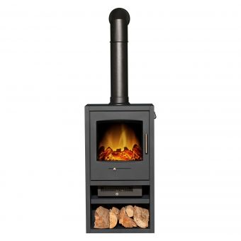 Adam Bergen XL Electric Stove in Charcoal Grey with Tall Angled Stove Pipe in Black