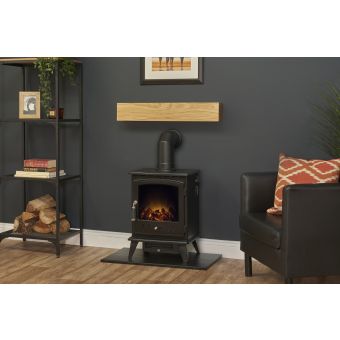 Adam Oak Beam, Hearth & Stove Pipe with Aviemore Stove in Black