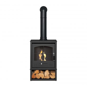 OKO S2 Bio Ethanol Stove with Log Storage in Charcoal Grey with Tall Angled Stove Pipe
