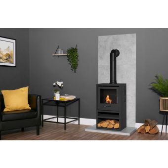 Acantha Tile & Hearth Set in Concrete Effect with OKO S1 Stove, Log Store & Tall Angled Pipe