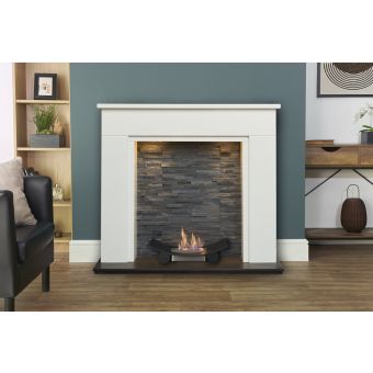 Acantha Rimini White Marble Fireplace with Downlights & Calda Bio Ethanol Fire, 48 Inch