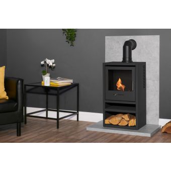 Acantha Tile & Hearth Set in Concrete Effect with OKO S1 Stove, Log Store & Angled Pipe