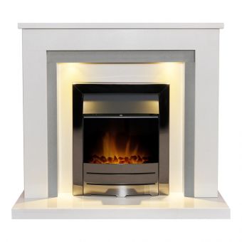 Acantha Dallas White & Grey Marble Fireplace with Downlights & Colorado Electric Fire in Black Nickel, 42 Inch