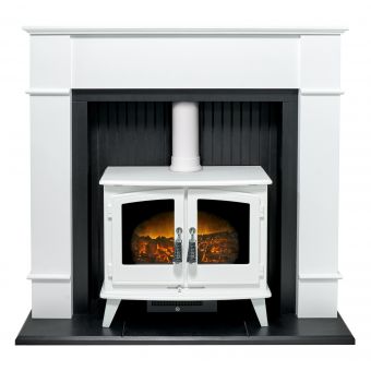 Adam Oxford Stove Fireplace in Pure White with Woodhouse White Electric Stove, 48 Inch