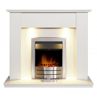Adam Avila White Marble Fireplace with Colorado Electric Fire in Brushed Steel, 48 Inch