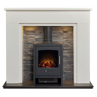 Acantha Rimini White Marble Fireplace with Downlights & Bergen Electric Stove in Charcoal Grey, 48 Inch