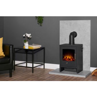 Acantha Tile & Hearth Set in Concrete Effect with Bergen Stove & Angled Pipe
