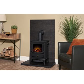 Acantha Tile & Hearth Set in Bronze Venetian Plaster Effect with Hudson Stove & Angled Pipe