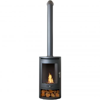 OKO S5 Bio Ethanol Cylinder Stove with Log Storage in Charcoal Grey & Tall Angled Metal Stove Pipe