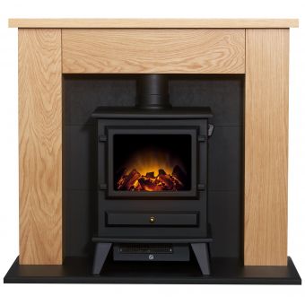 Adam Chester Stove Fireplace in Oak & Black with Hudson Electric Stove in Black, 39 Inch