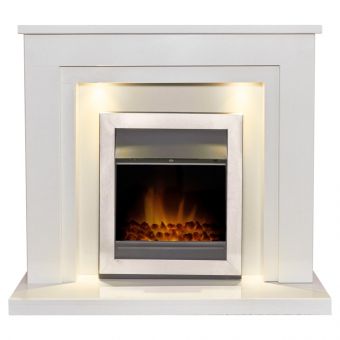 Acantha Dallas White Marble Fireplace with Downlights & Vancouver Electric Fire in Brushed Steel, 42 Inch