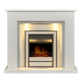 Acantha Maine White & Grey Marble Fireplace with Downlights & Argo Electric Fire in Brushed Steel, 48 Inch