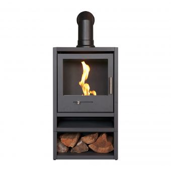 OKO S1 Bio Ethanol Stove with Log Storage in Charcoal Grey & Angled Stove Pipe